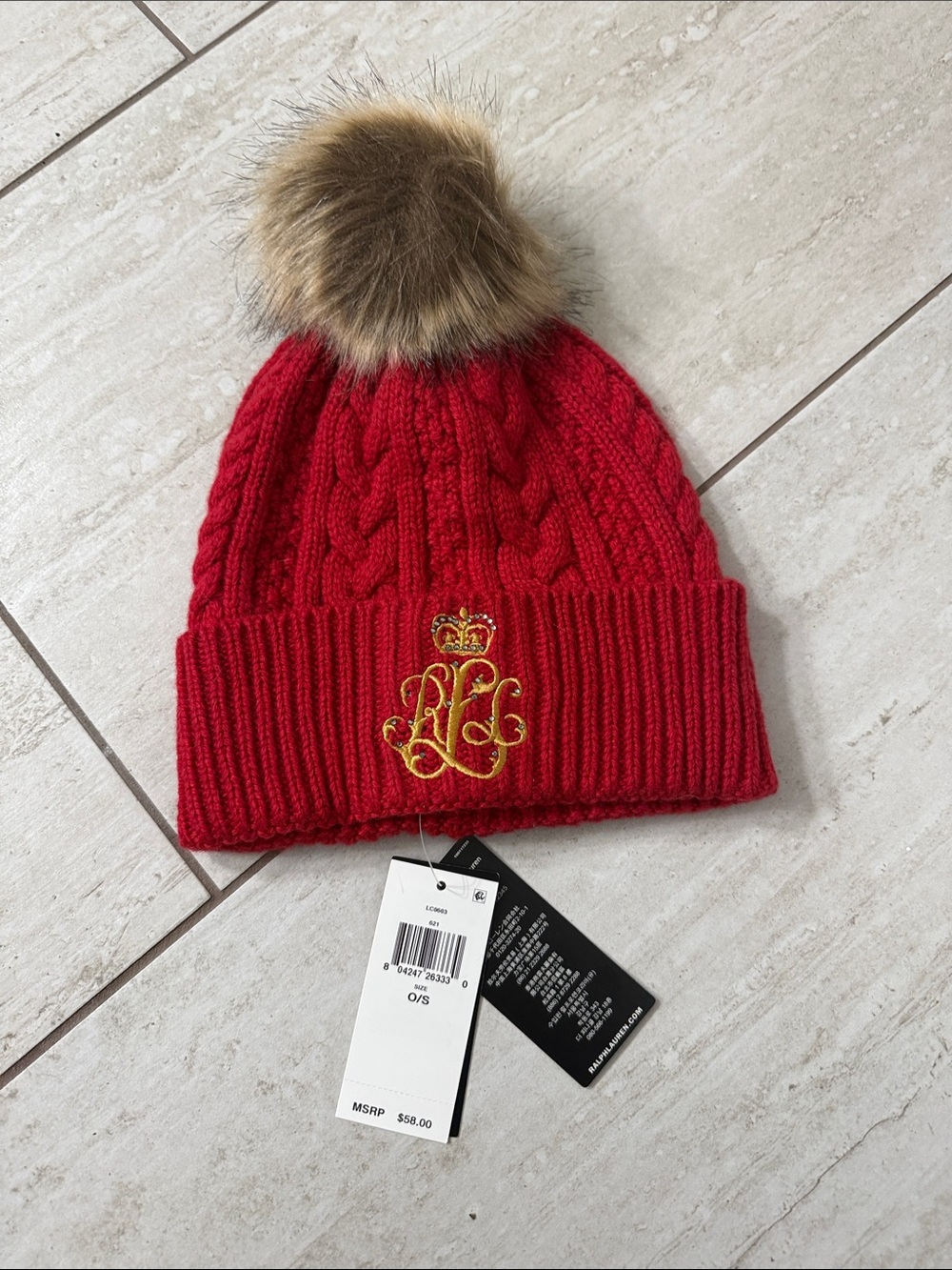 Ralph Lauren Red Cable-Knit Pom Beanie with Gold Crest..nwt ..authentic